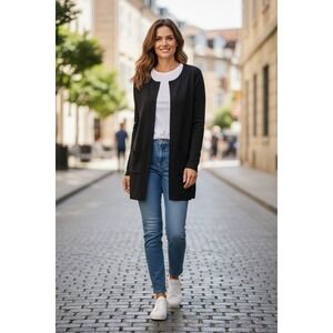 ELLE Open Front Cardigan Sweater Coat Black Knit Minimalist‎ Classy Layering Sm